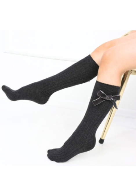 Șosete fetițe 3/4, bumbac, cu fundiță decorativă,Gri, Engros